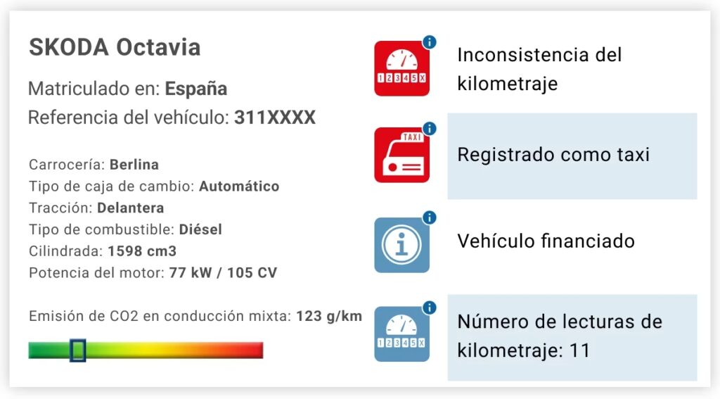 Ejemplo de informe CARFAX que presenta las especificaciones de un vehículo.