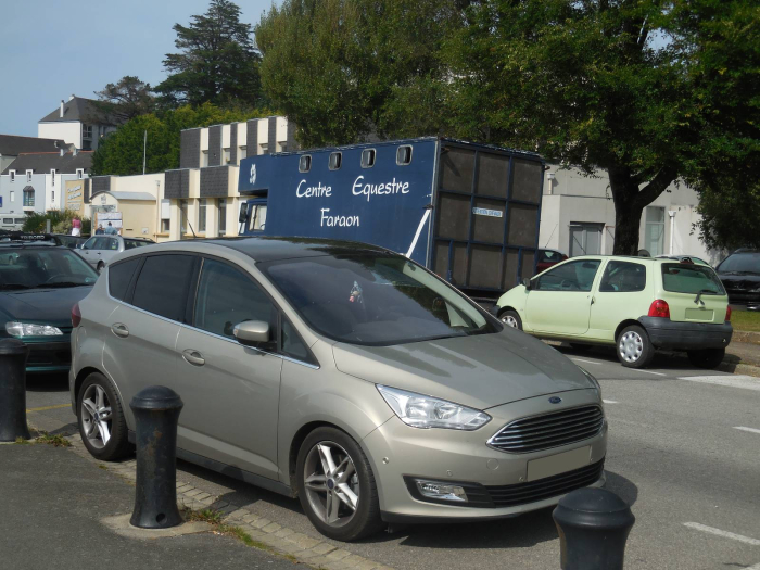 Los 21 mejores monovolúmenes de segunda mano para 2026 2 Ford C-Max beige aparcado entre bolardos, de tres cuartos delantero, con un camión azul de fondo